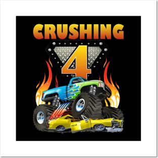 Kids Monster Truck 4 Year Old Shirt 4Th Birthday Boy Monster Car Posters and Art